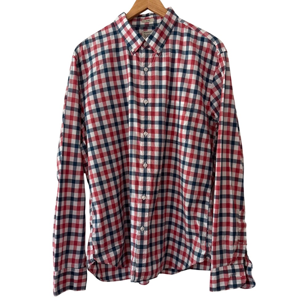 J.Crew Mens XL Slim Fit Gingham‎ Button Down Shirt Red White Blue Cotton Plaid